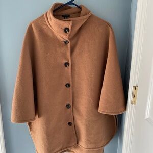 Ann Taylor Camel Button Front Funnel-neck Wrap Poncho XS Cozy Cape Wool Blend